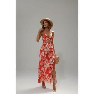 Woman’s Tropical Print twist-front Halter Maxi Dress XS
